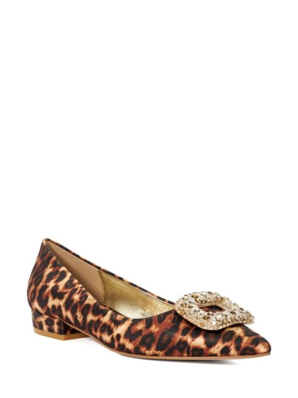 Dune London Habina Leopard-Print Pointed Flats with Gold Crystal Buckle. Sz: 8